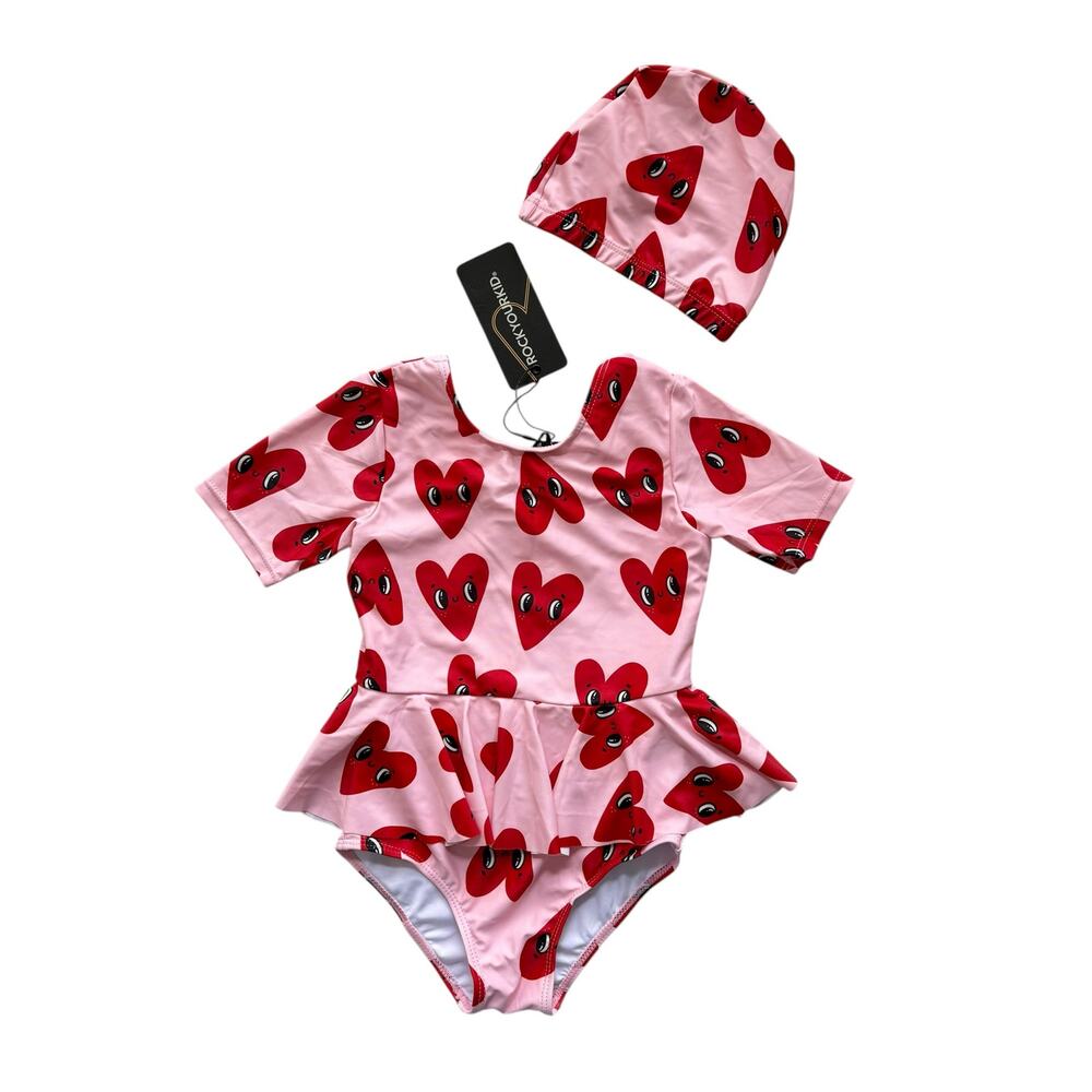 NWT Rock Your Baby Heart Skirted Swimsuit + Cap Set Size 4